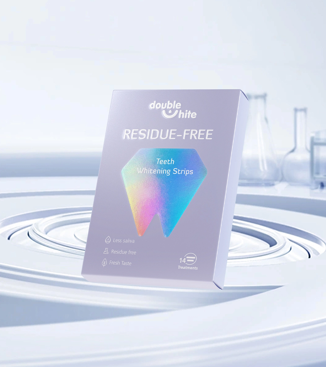 Коробка полосок для отбеливания зубов Double White Residue-Free. Коробка бело-фиолетовая с изображением зуба на лицевой стороне.