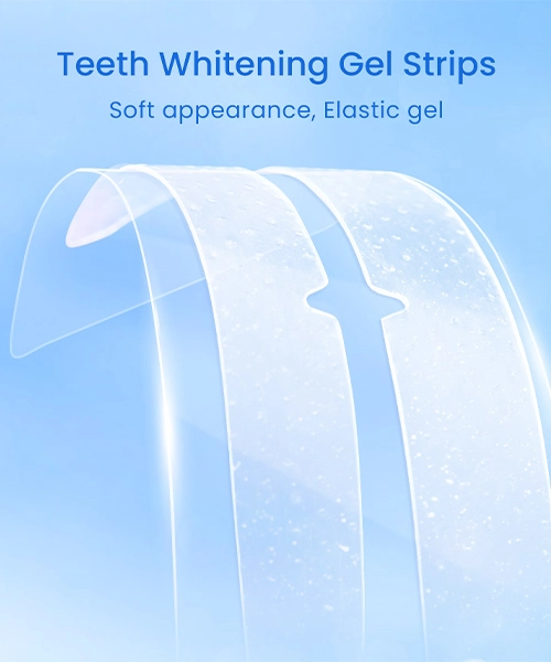 A close-up image of a teeth whitening gel strip. The strip is made of a soft, flexible material and has a gel-like substance on one side. The strip is shown against a blue background.