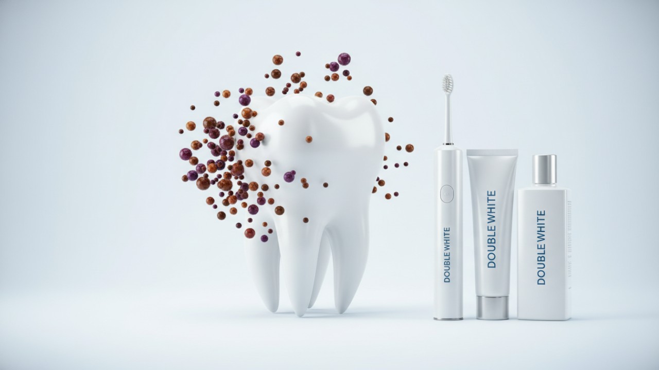 Ilustração 3D de um dente com partículas de coloração próximas e um kit odontológico Double White