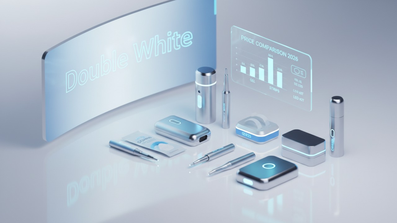 Illustration isométrique 3D de produits de blanchiment dentaire futuristes et tableau de prix holographique pour 2026 présentant la marque Double White .