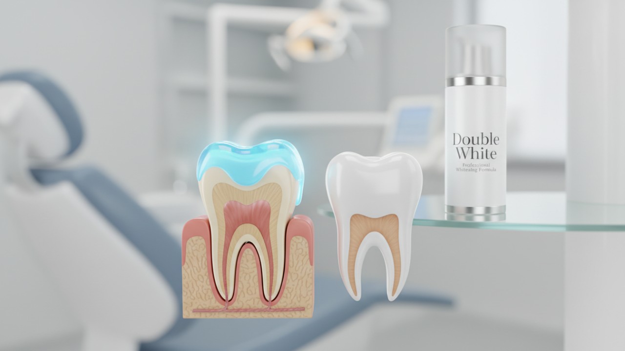 Illustration médicale 3D comparant l'effet d'un gel blanchissant sur l'émail naturel d'une dent et sur une couronne en porcelaine, avec le logo Double White en arrière-plan.