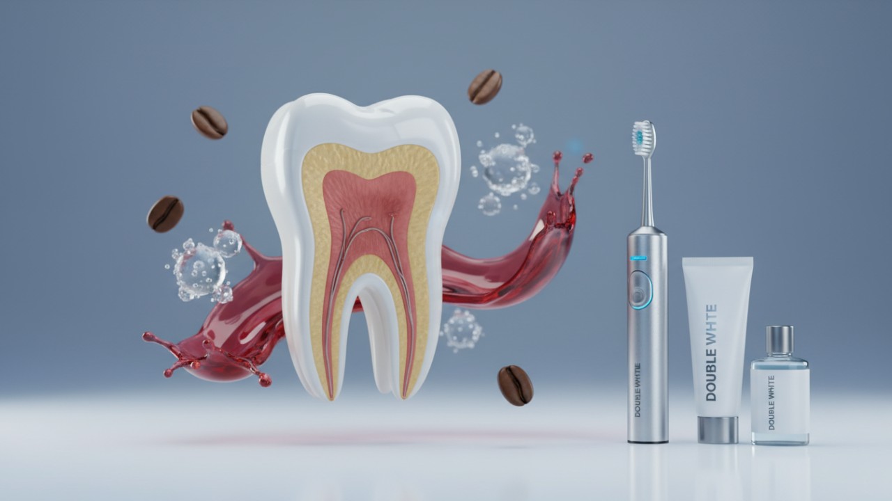 Uma ilustração médica em 3D mostrando um dente rodeado por elementos que causam manchas, como café e vinho, com uma embalagem do produto Double White próxima.