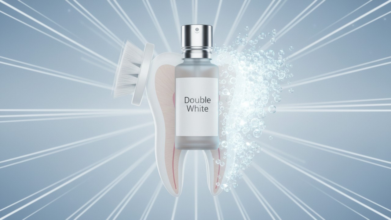 Ilustración médica en 3D que muestra los procesos de blanqueamiento dental, como la abrasión y la oxidación, con un producto de la marca Double White .