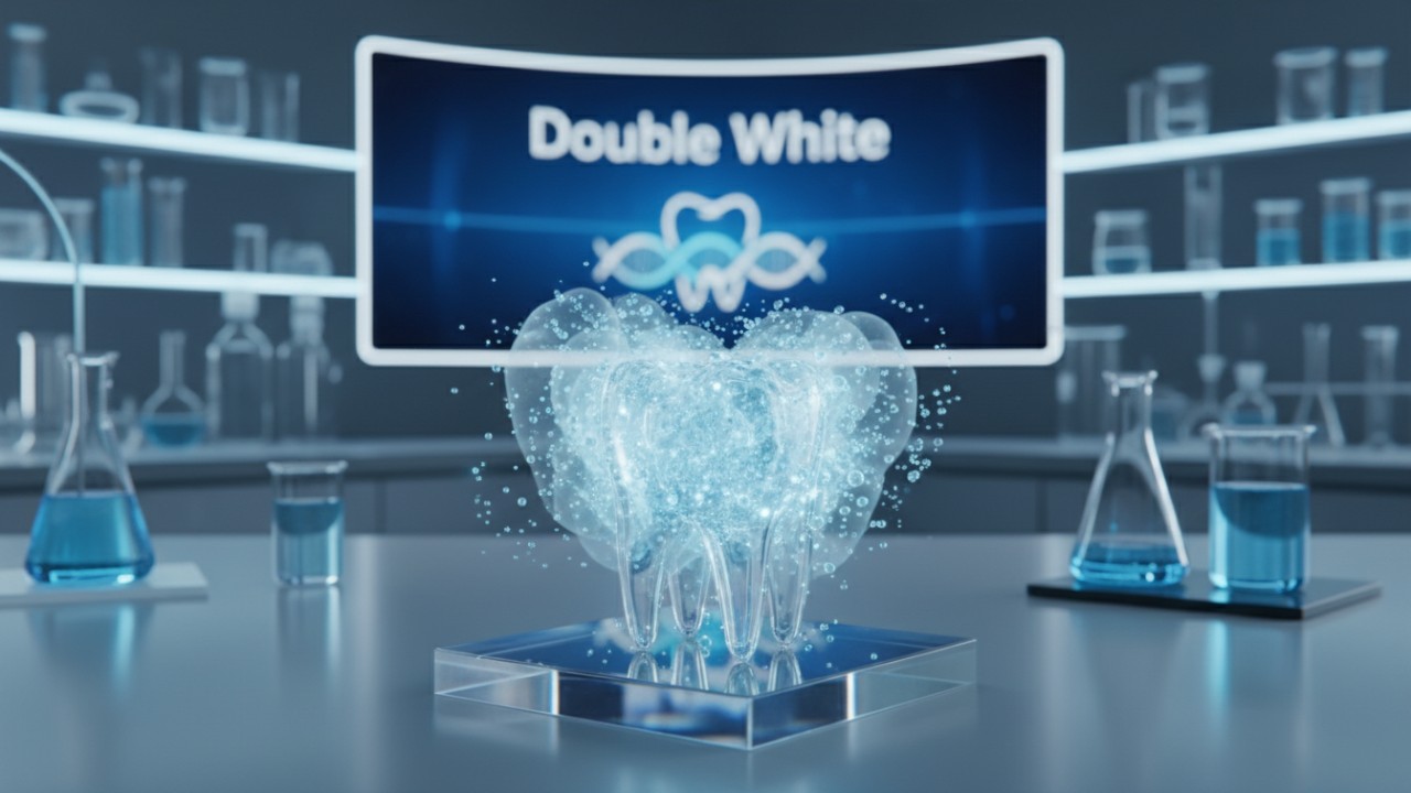 Modèle 3D d'une dent traitée avec des agents blanchissants doux dans un laboratoire de haute technologie, la marque Double White étant visible sur un écran.