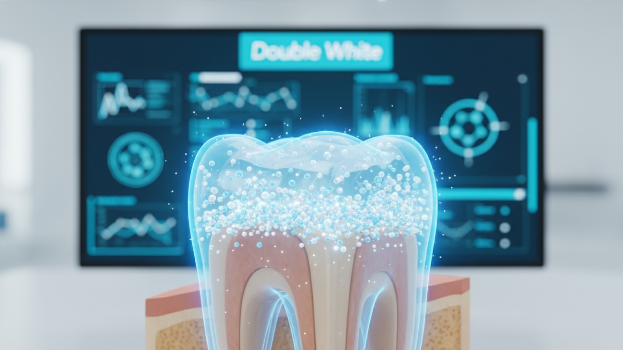 Illustration scientifique 3D montrant une dent avec une couche protectrice d'émail et la marque Double White sur un écran de laboratoire.