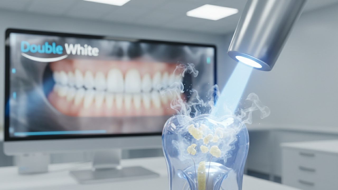 Representación científica en 3D de la luz LED descomponiendo las manchas dentales, con la marca Double White en una pantalla digital.