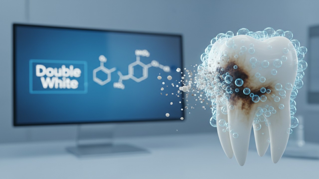 Uma visualização científica em 3D do processo de oxidação do clareador dental com a marca Double White em uma tela.
