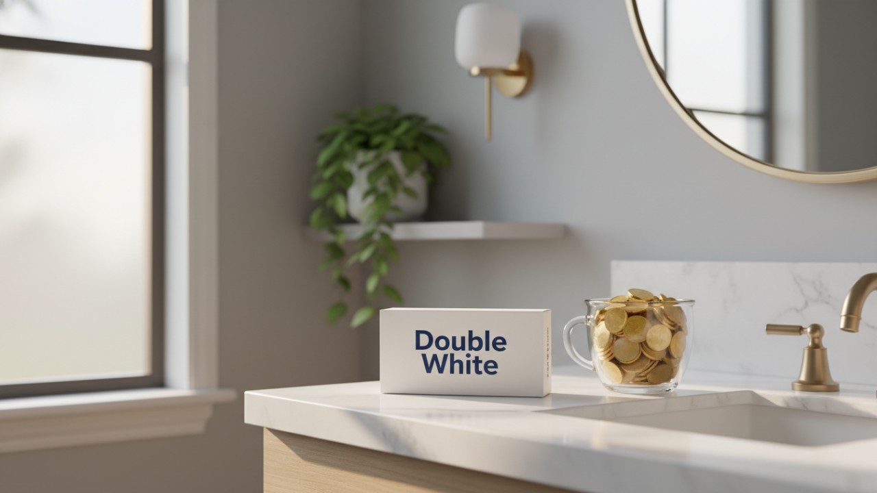 Une boîte de bandes blanchissantes Double White sur un comptoir de salle de bain en marbre, à côté d'un bocal de pièces de monnaie, symbolisant des soins bucco-dentaires abordables.