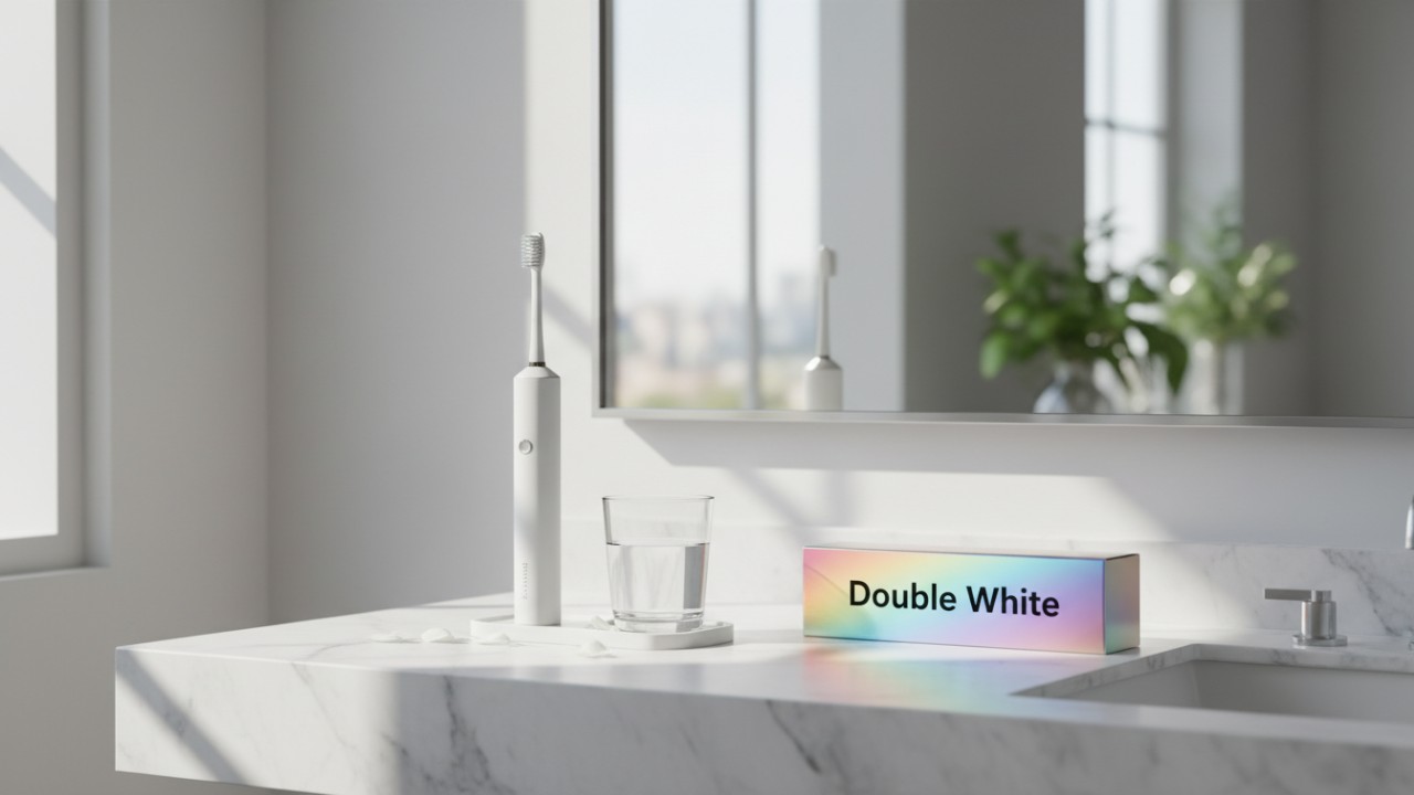 Un tocador de baño impecable con productos de cuidado bucal diario y una caja de tiras blanqueadoras Double White .