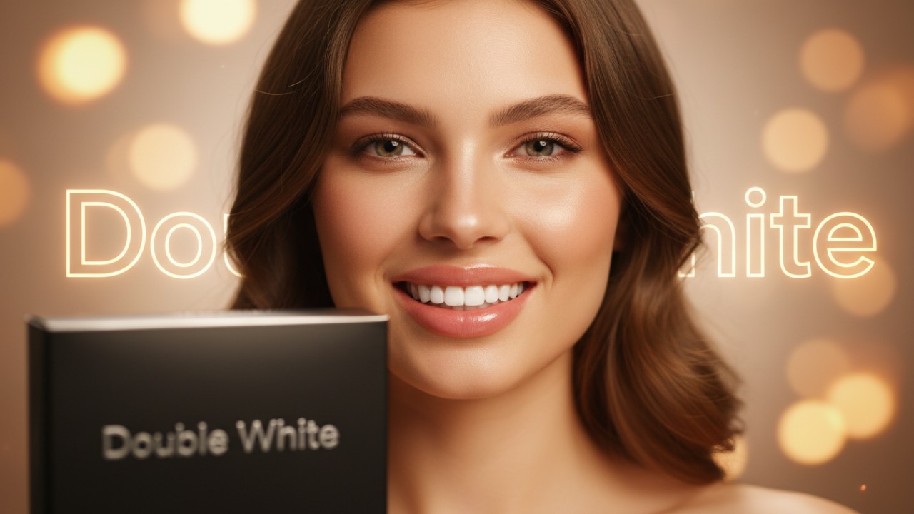 A close up of a radiant smile with a Double White luxury product box in the foreground