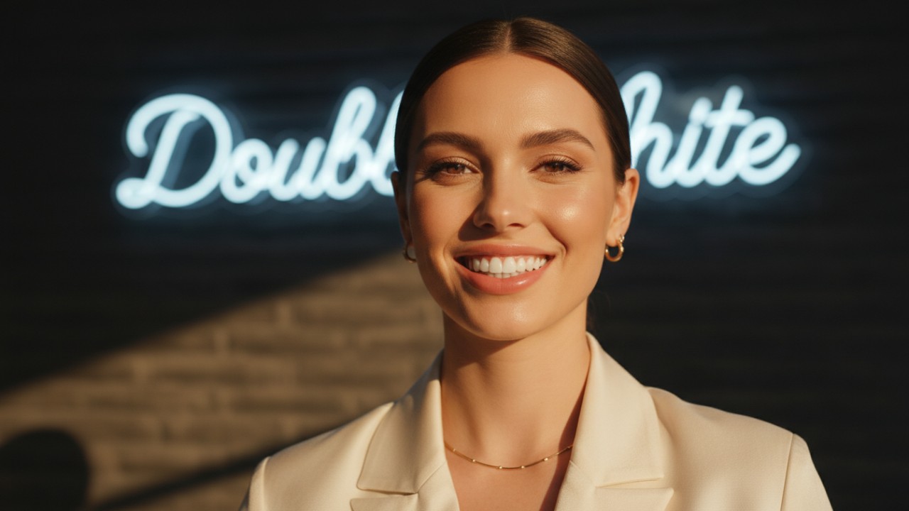 Um retrato em close-up de uma pessoa com um sorriso branco brilhante e a marca Double White visível em uma placa ao fundo.