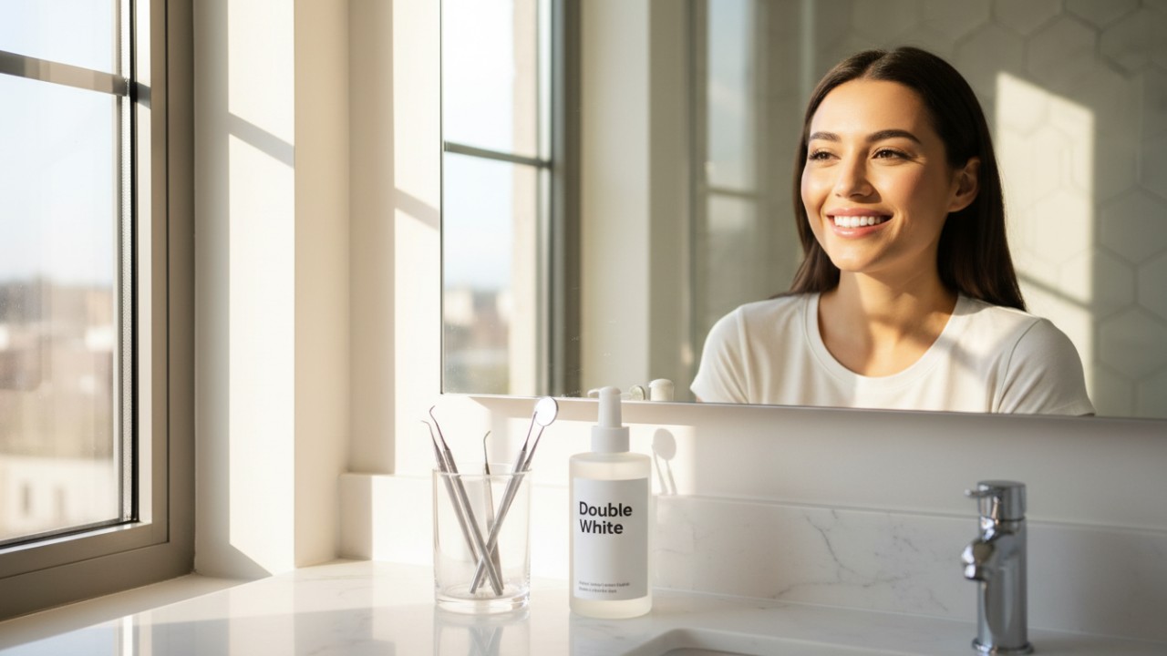 Uma pessoa confiante sorrindo para o espelho com um produto Double White na bancada do banheiro.