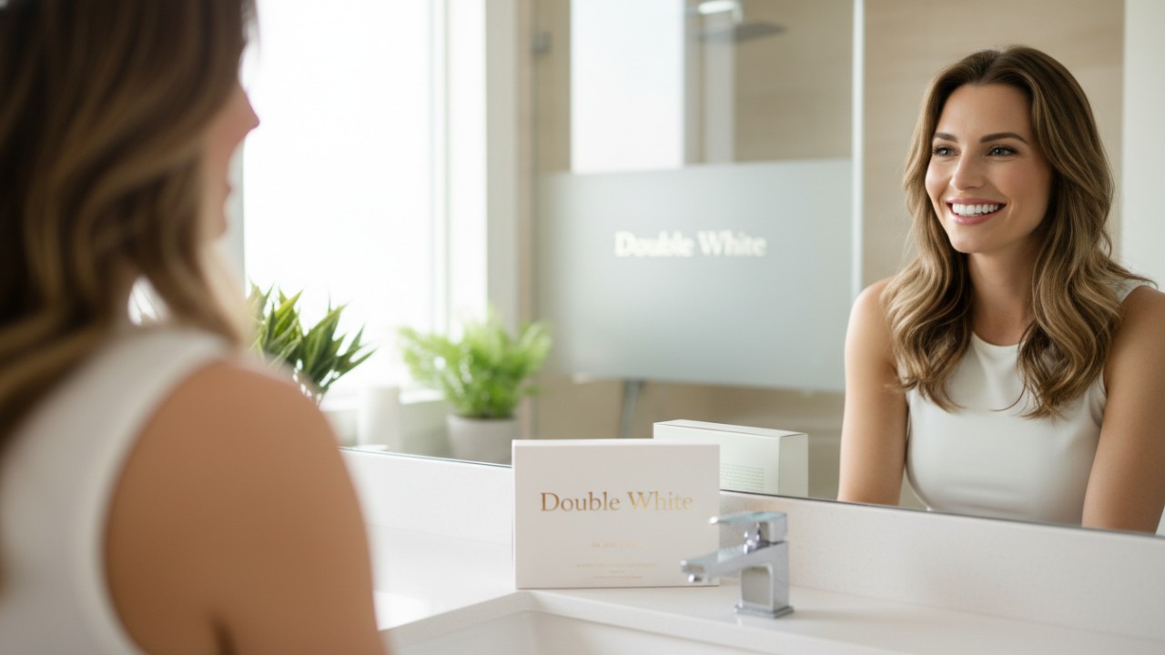 Une personne sûre d'elle, souriant devant un miroir, avec une boîte de produit Double White posée sur le meuble-lavabo de la salle de bain.