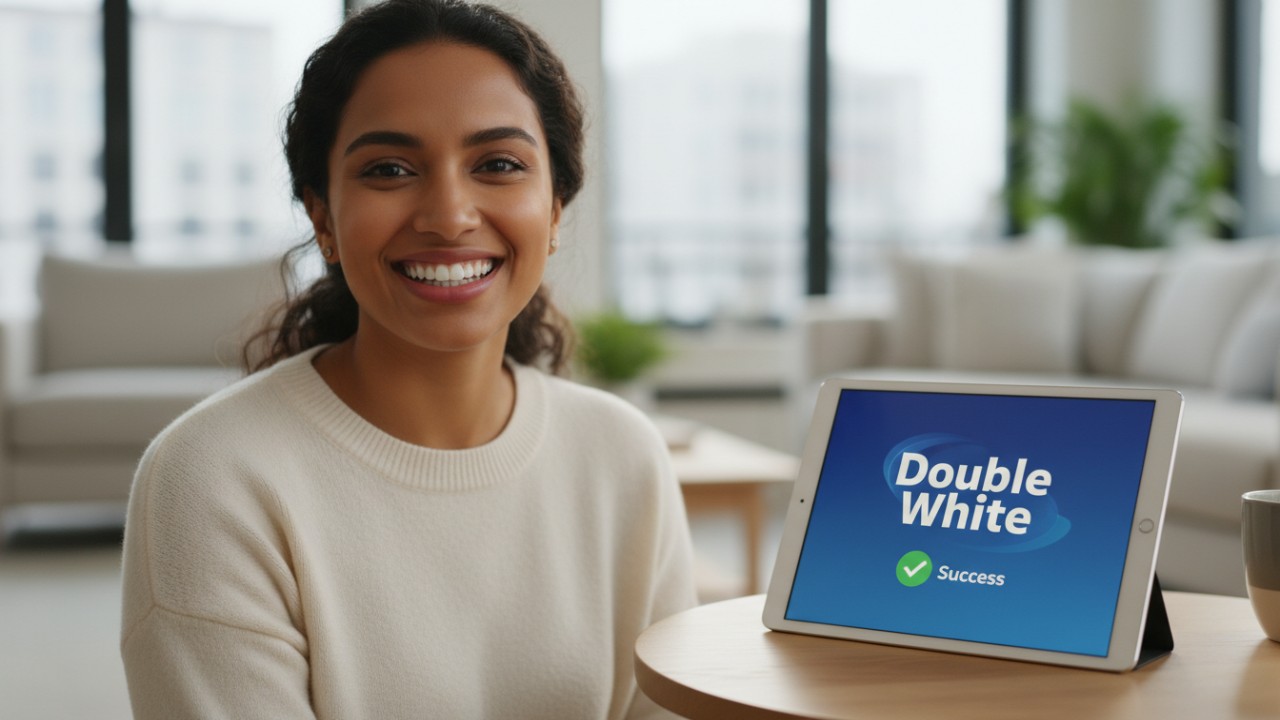 Una persona segura de sí misma, con una sonrisa radiante y blanca, se encuentra junto a una pantalla digital que muestra el logotipo Double White .