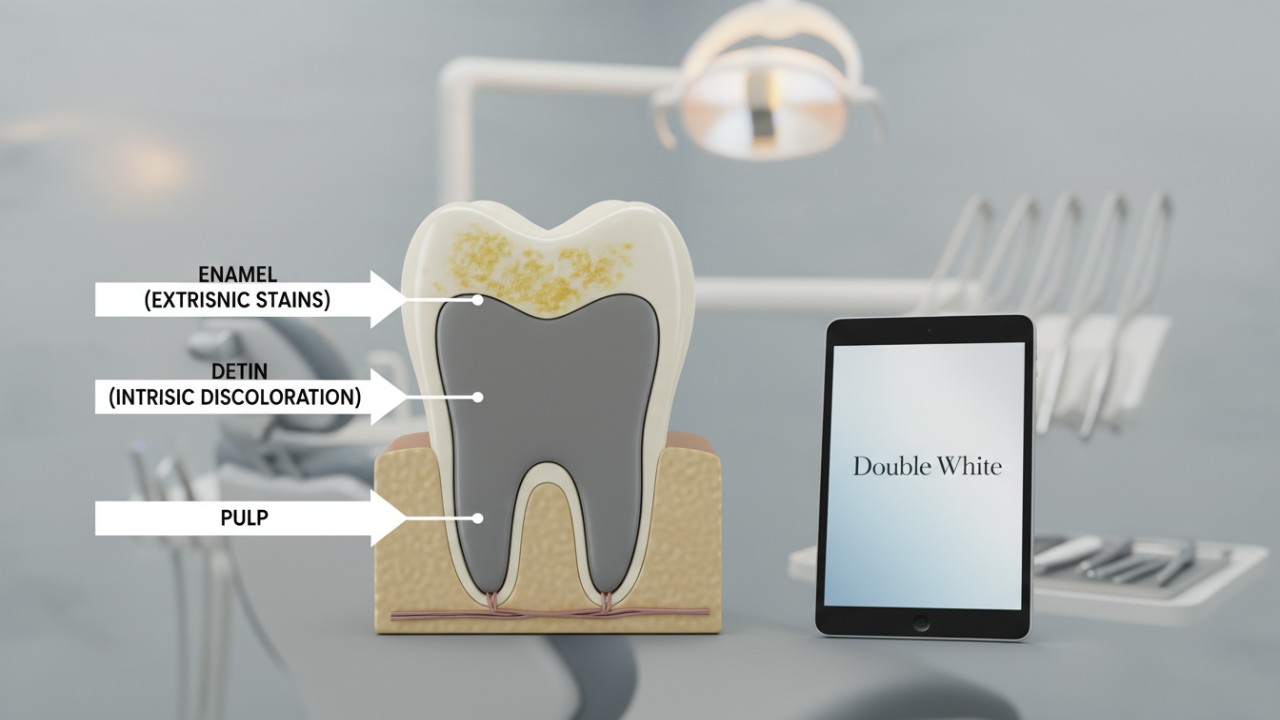 Uma seção transversal 3D detalhada de um dente ilustrando manchas extrínsecas superficiais no esmalte e manchas intrínsecas profundas na dentina, ao lado de uma amostra Double White .