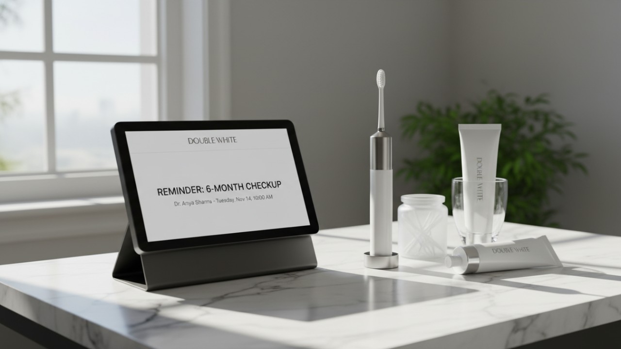 Un calendrier numérique arborant le logo Double White , placé à côté d'un kit dentaire sur un comptoir en marbre, symbolisant la longévité du blanchiment.