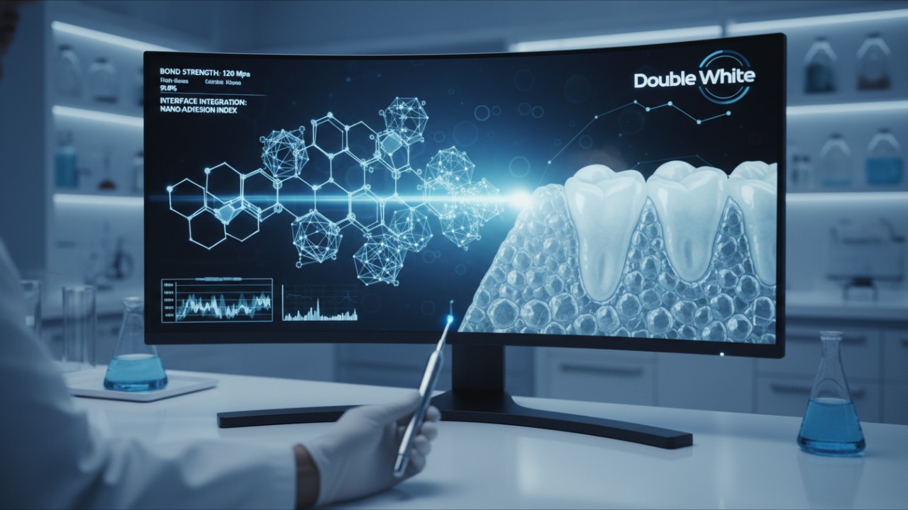 Écran d'un microscope numérique dans un laboratoire montrant des structures de collage dentaire avec le logo Double White sur l'interface.