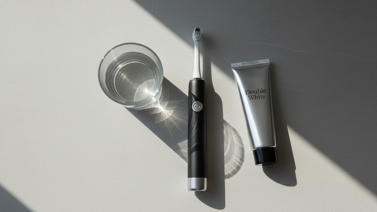 Vue à plat de produits dentaires professionnels, dont un tube de gel blanchissant Double White sur une surface en pierre.