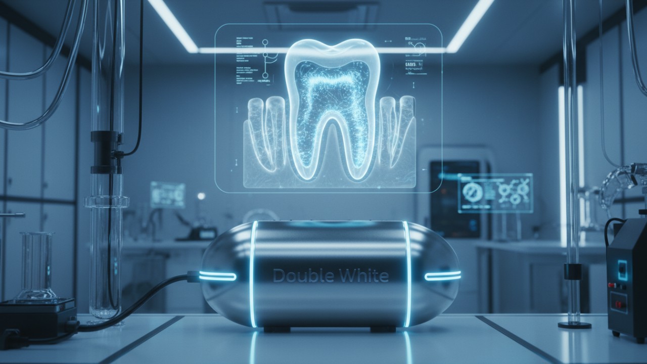Un dispositif biotechnologique futuriste de la marque Double White présentant une structure moléculaire holographique de la dent.