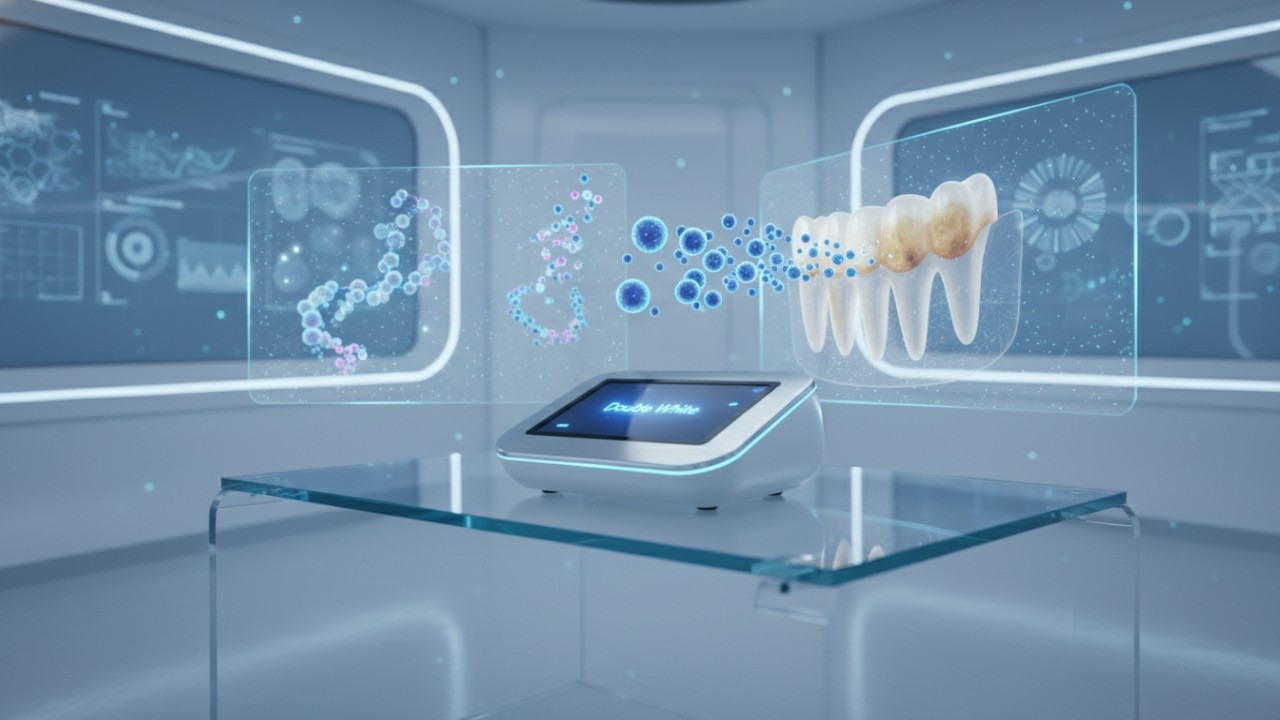 Um laboratório de biotecnologia futurista com um dispositivo Double White e estruturas moleculares holográficas para clareamento dental.
