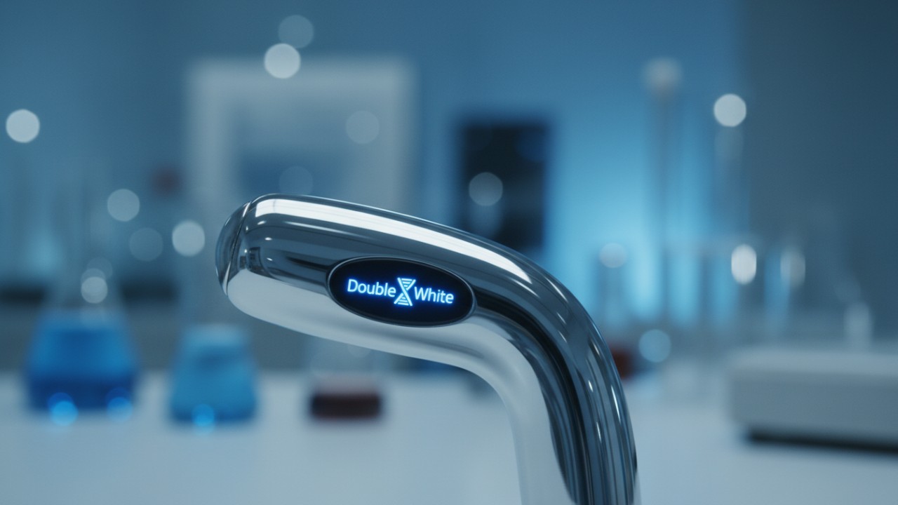 Un appareil de blanchiment dentaire futuriste avec le logo Double White illuminé sur un écran numérique dans un environnement de clinique professionnelle.