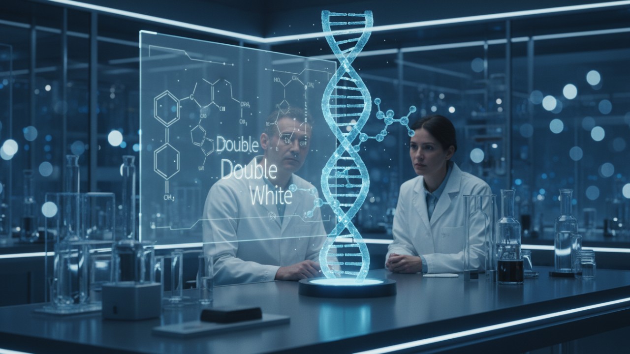Un laboratorio futurista que muestra conceptos de biotecnología y una pantalla digital con la marca Double White .