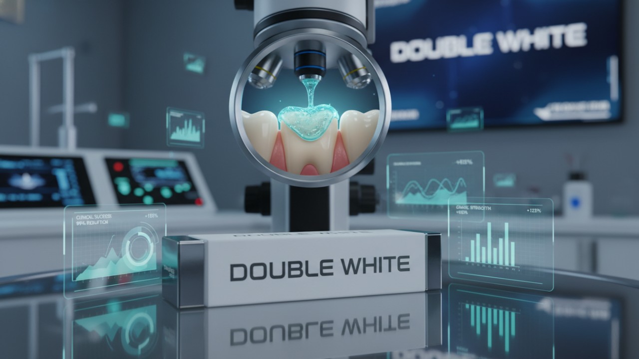 Um ambiente de laboratório futurista que mostra inovações biotecnológicas em cuidados odontológicos com uma embalagem de produto Double White .