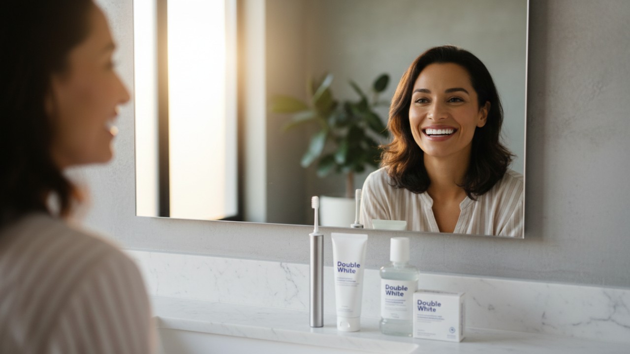 Une personne heureuse, arborant un sourire éclatant, se regarde dans un miroir, un kit dentaire Double White posé sur le comptoir.