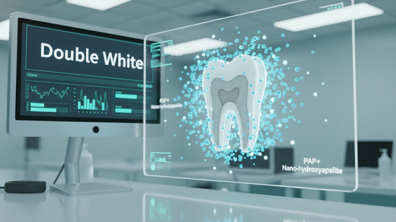 A high tech 3D visualization showing molecules interacting with a tooth and the Double White brand on a digital monitor