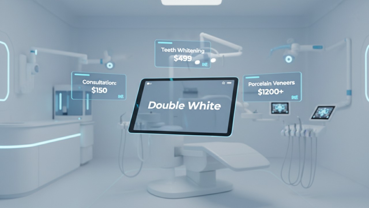 Illustration d'un studio dentaire high-tech montrant les tarifs de blanchiment dentaire de 2026 avec le logo de la marque Double White sur une tablette numérique.