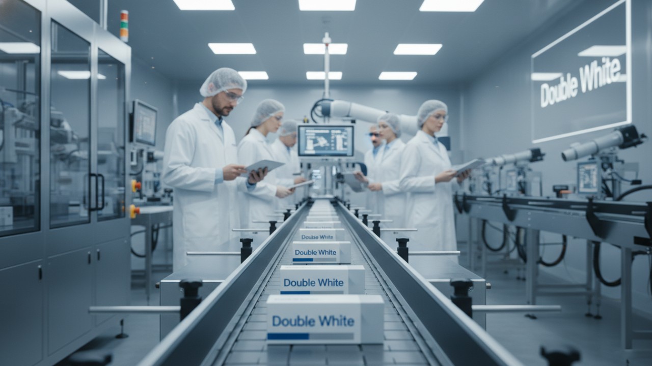 Une usine de fabrication de haute technologie présentant une ligne de production de produits de blanchiment dentaire portant la marque Double White sur l'emballage.
