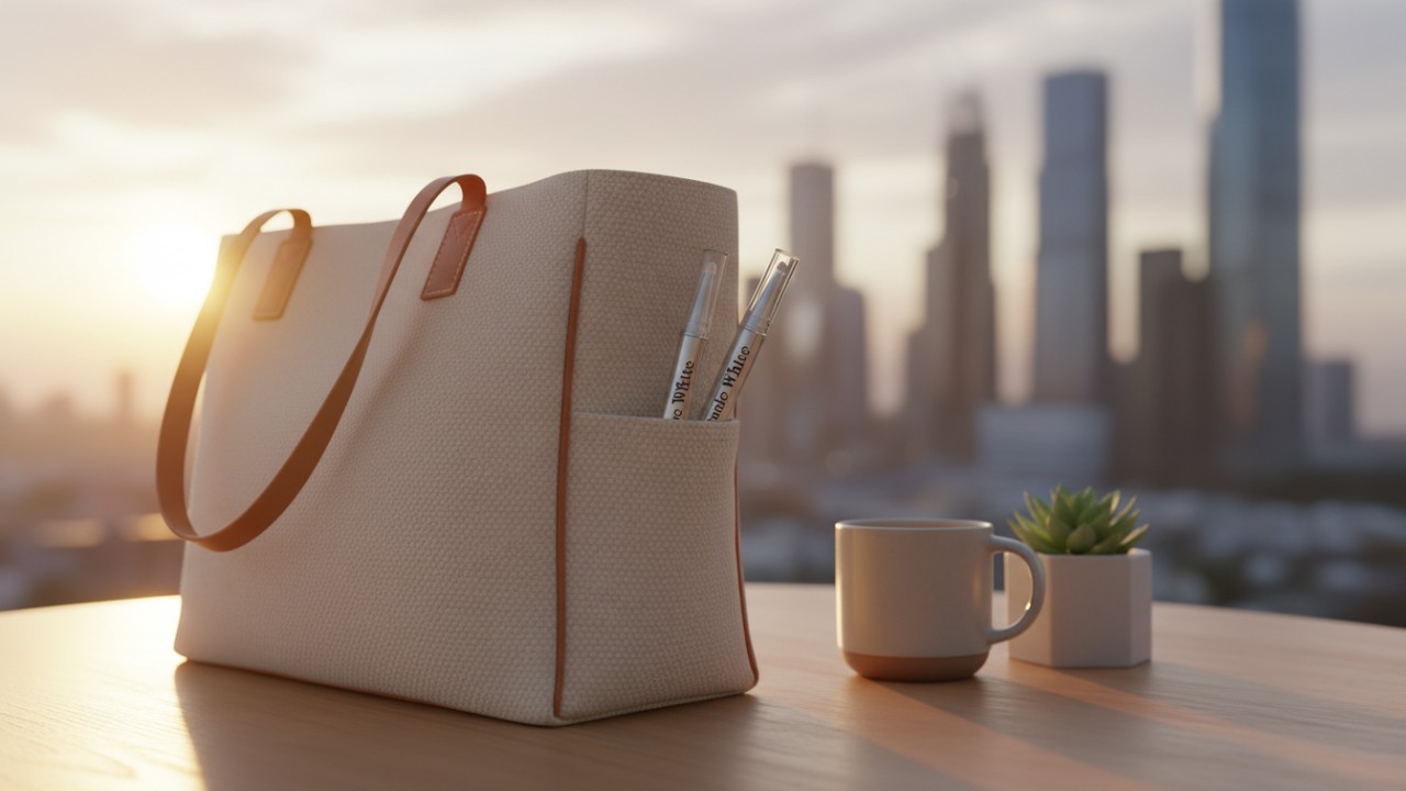 Une photo lifestyle montrant un stylo blanchissant Double White dans un sac, symbolisant une routine de soins bucco-dentaires régulière.