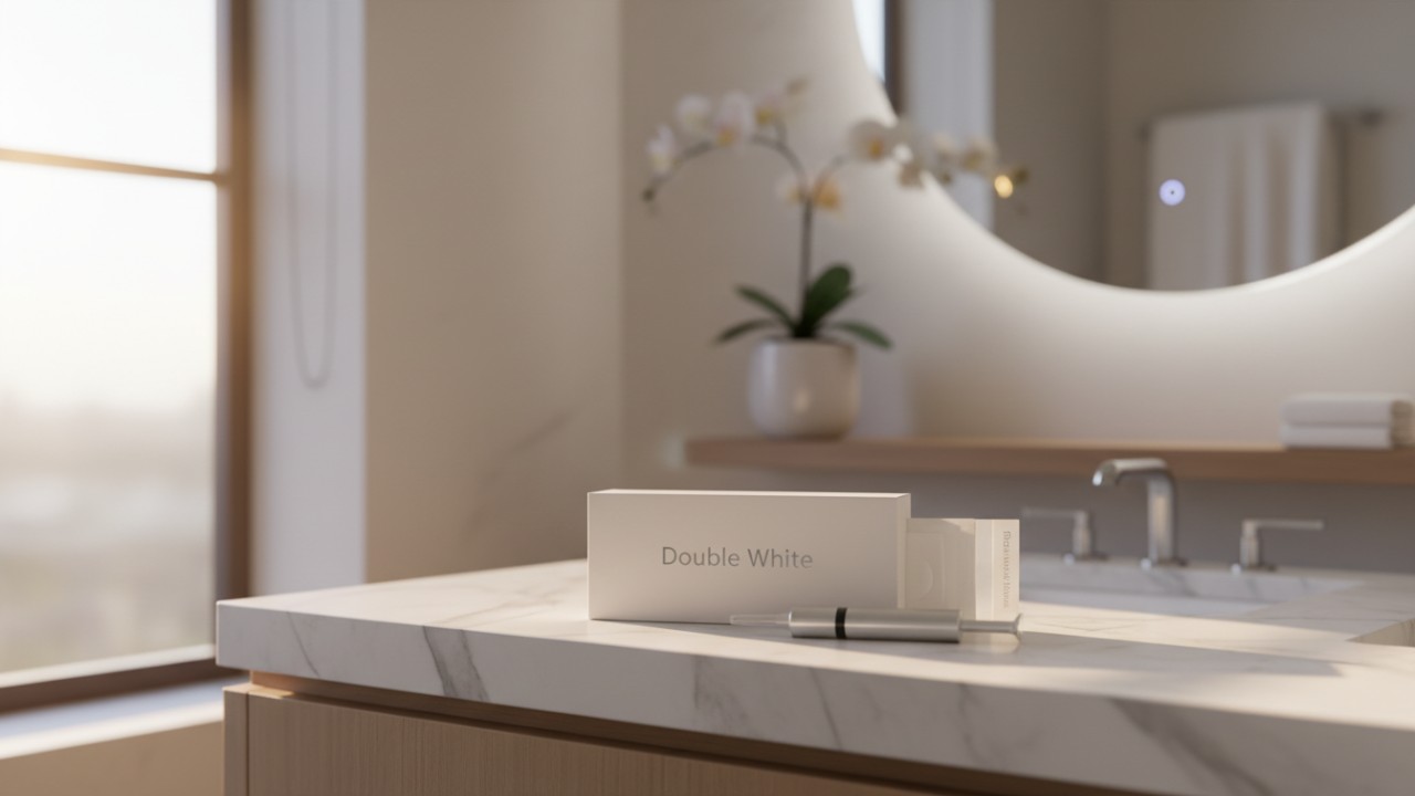 Una lujosa exhibición de productos de blanqueamiento dental de alta calidad con la marca Double White sobre una superficie de mármol impecable.
