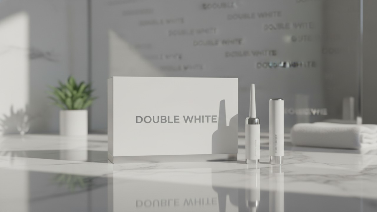 Un kit de blanchiment dentaire de luxe Double White , présenté sur une surface en marbre avec un éclairage naturel doux mettant en valeur son design haut de gamme.