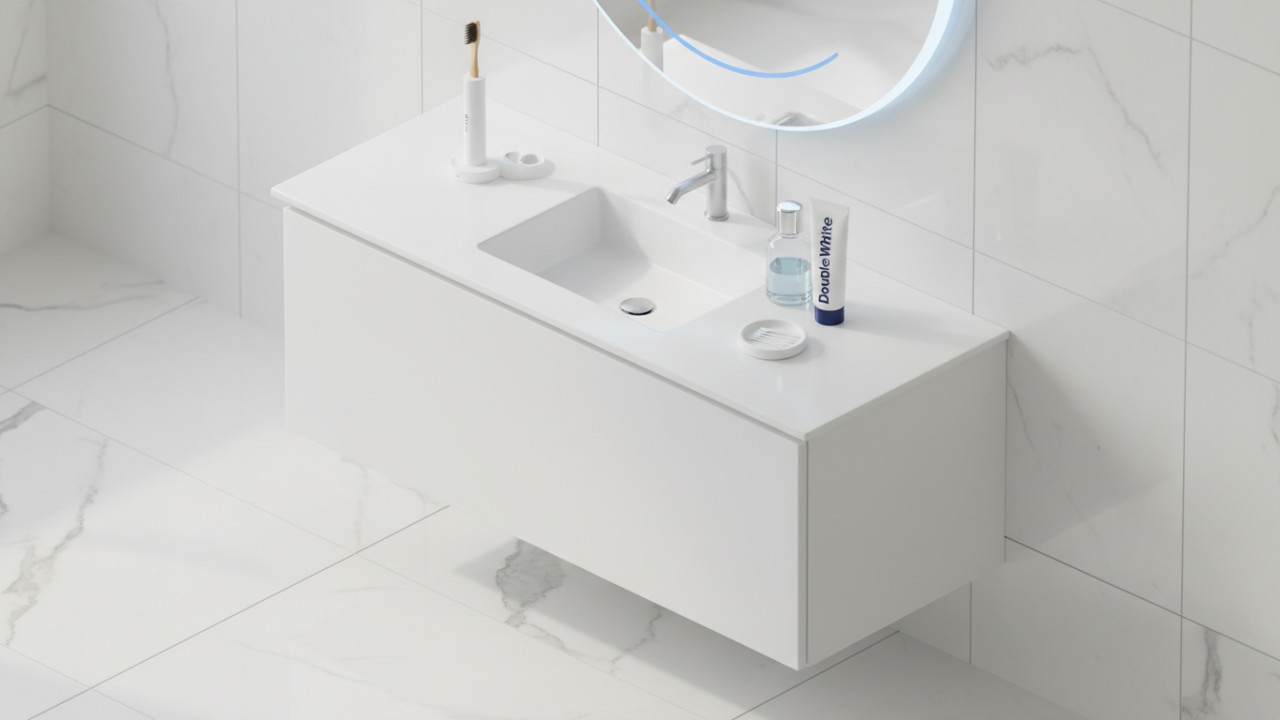 Uma ilustração minimalista em 3D de produtos de higiene bucal premium com a marca Double White dispostos em uma prateleira de mármore impecável.