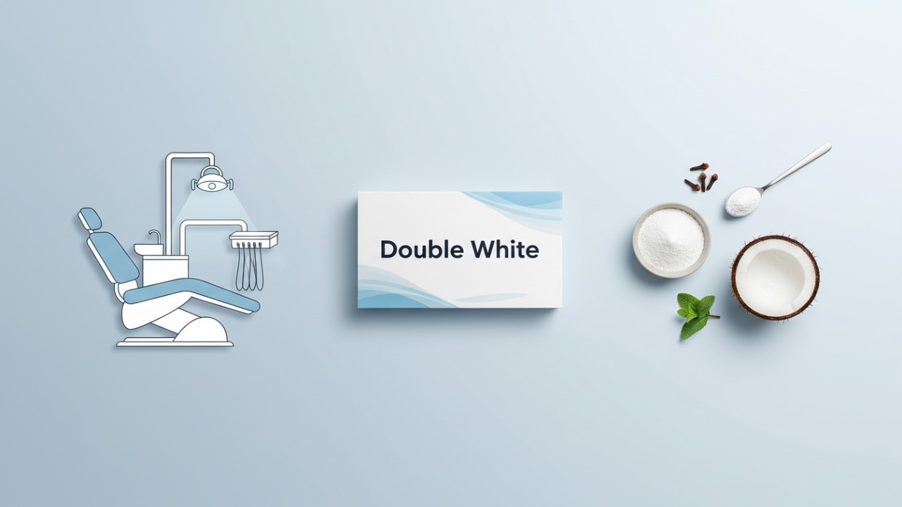 Una ilustración vectorial minimalista que compara herramientas dentales profesionales, un kit de blanqueamiento dental Double White para uso doméstico e ingredientes naturales.