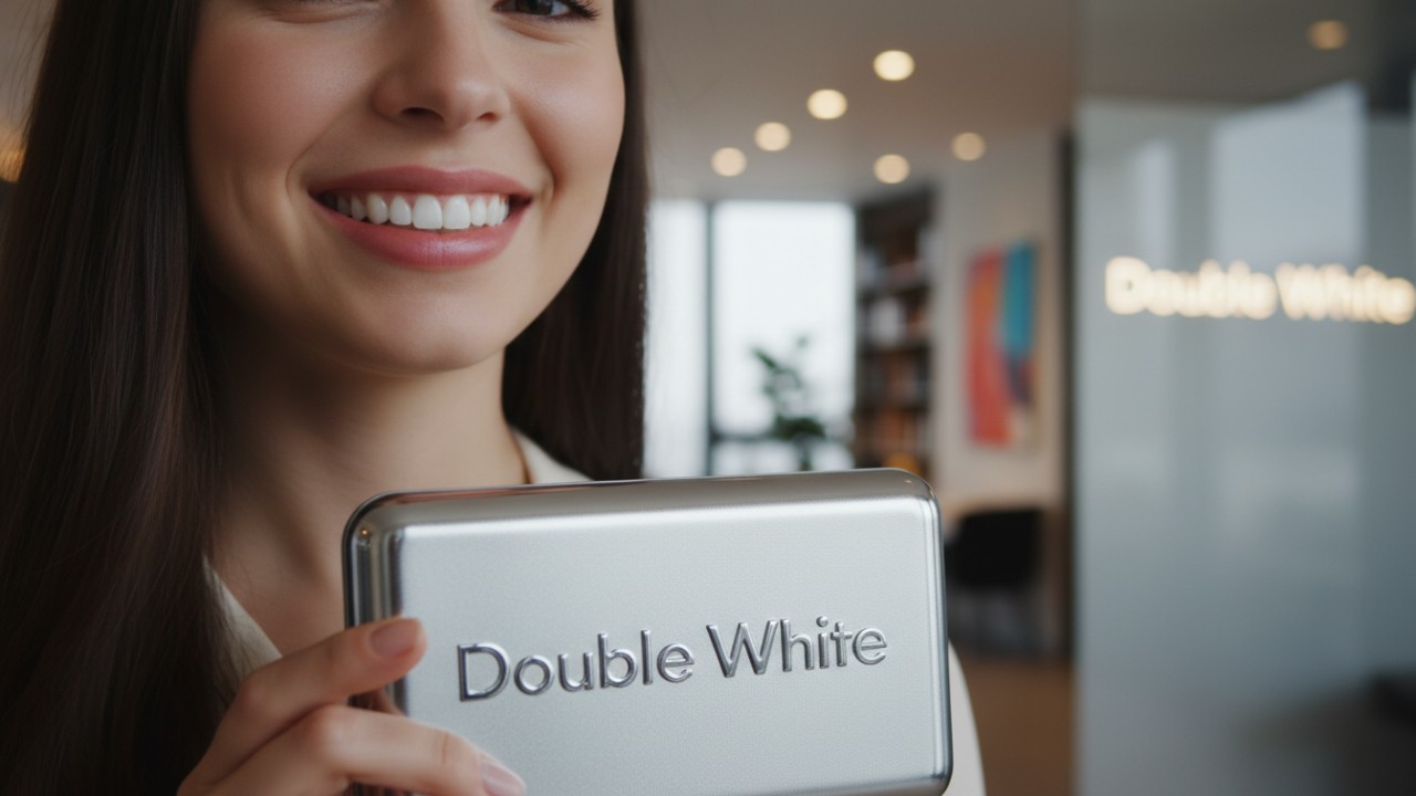 Una persona muestra una sonrisa radiante mientras sostiene un estuche de un producto de la marca Double White .