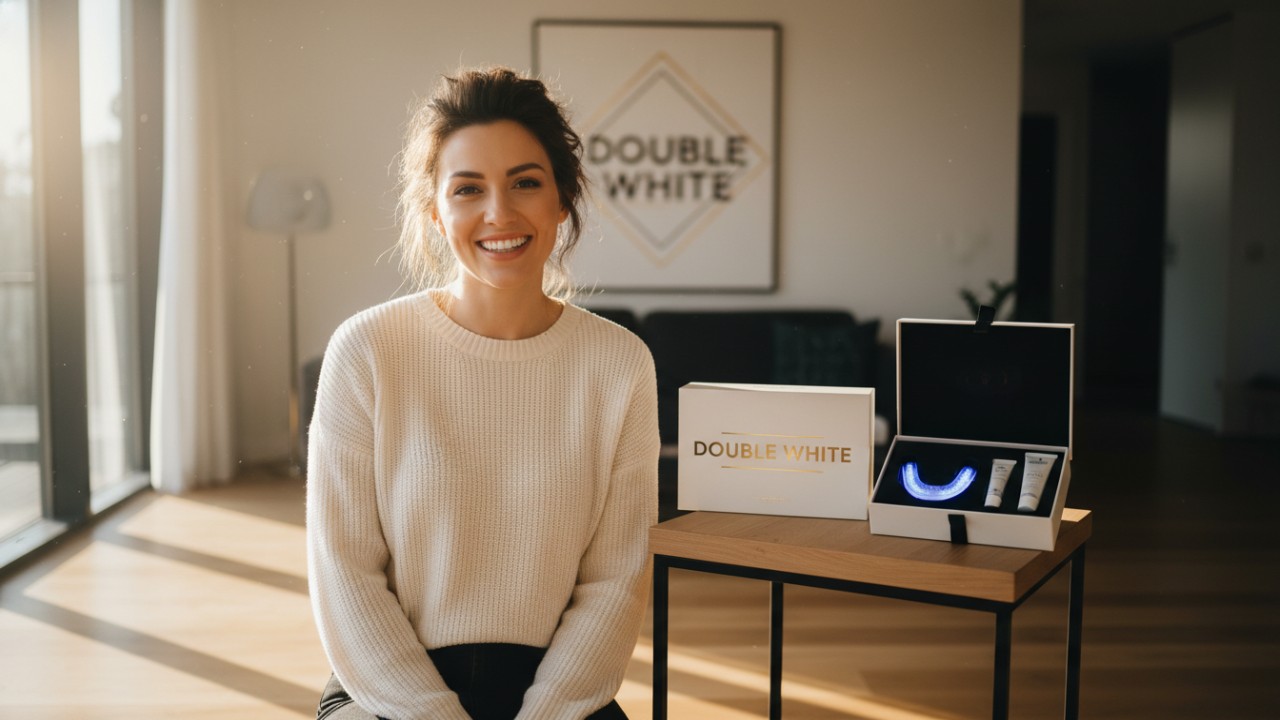 Uma pessoa com um sorriso radiante em pé numa sala ensolarada ao lado de uma caixa de um kit de clareamento dental Double White .