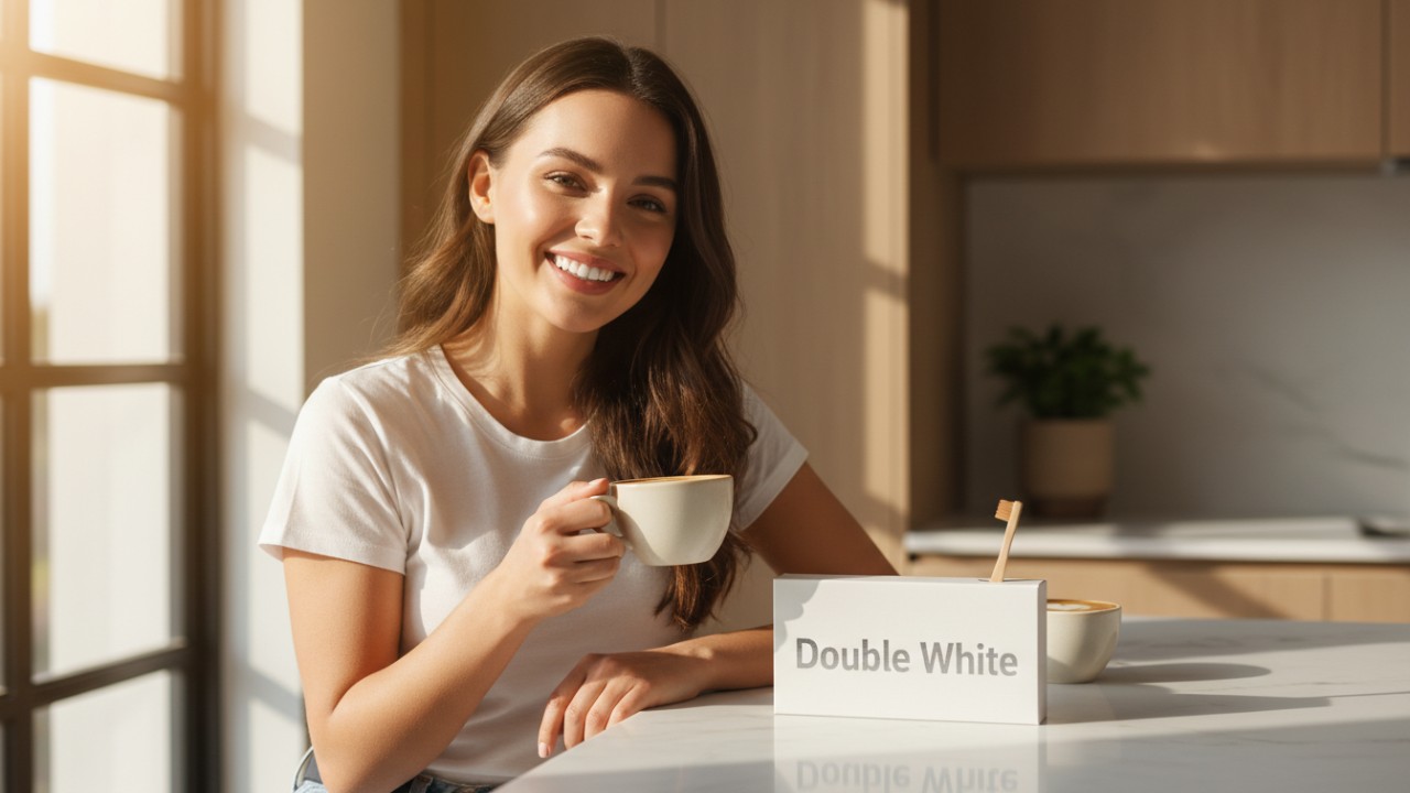 Uma pessoa com um sorriso branco e radiante segurando uma xícara de café ao lado de uma embalagem de produtos de higiene bucal Double White