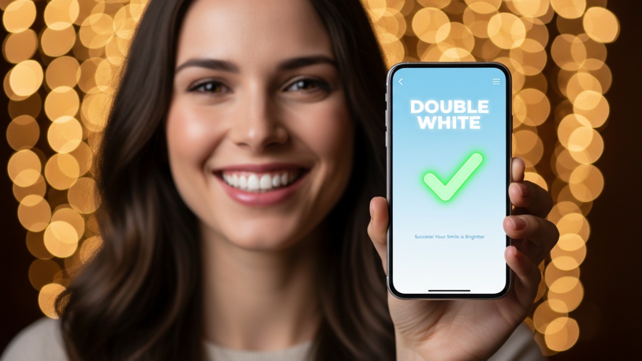 Une personne au sourire éclatant, tenant un téléphone affichant le logo de la marque Double White .