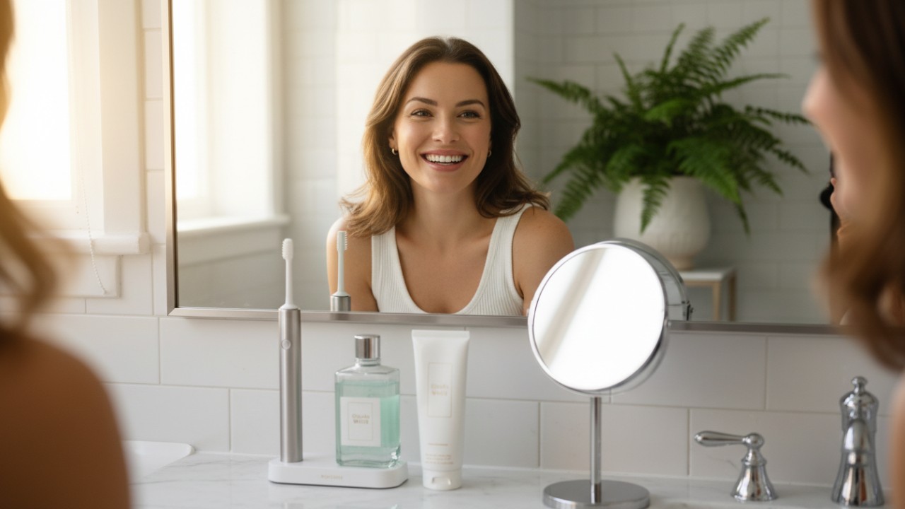 Une personne arborant un sourire éclatant de blancheur, dans une salle de bains luxueuse avec un coffret de produits de la marque Double White sur le comptoir.