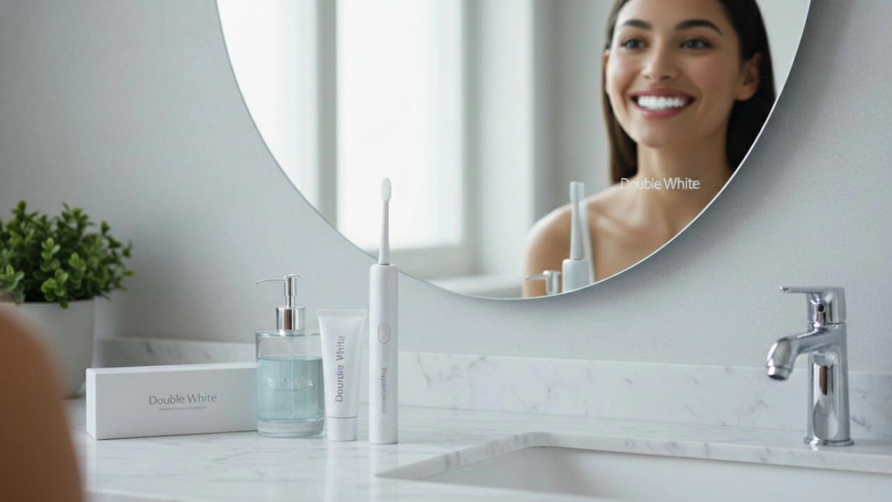A person with a bright white smile looking in a mirror with a Double White oral care product on the counter - Double White