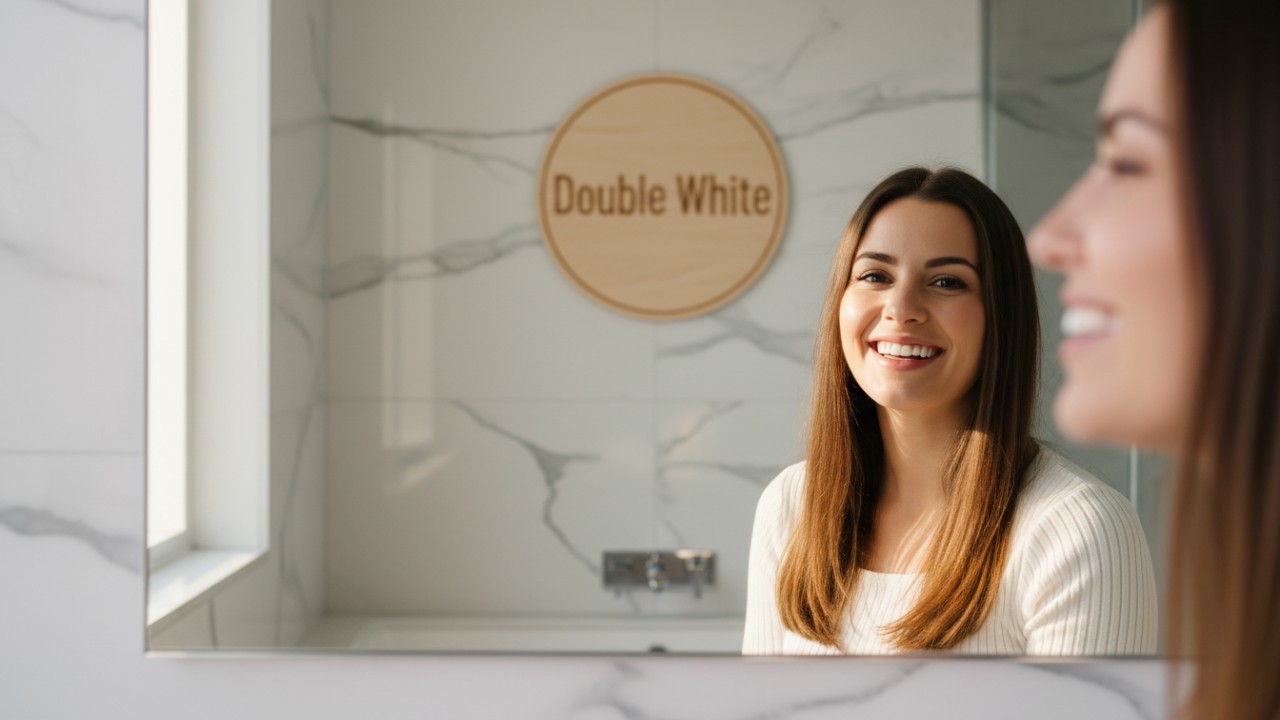 Uma pessoa com um sorriso branco e radiante, que reflete confiança, em um banheiro moderno com a placa da marca Double White na parede.