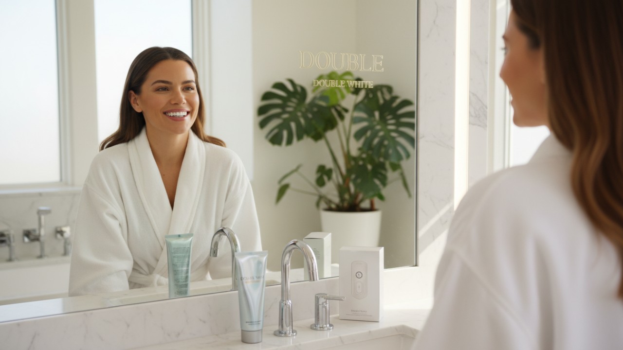 Uma pessoa com um sorriso branco e radiante em pé num banheiro luxuoso com produtos Double White na bancada.
