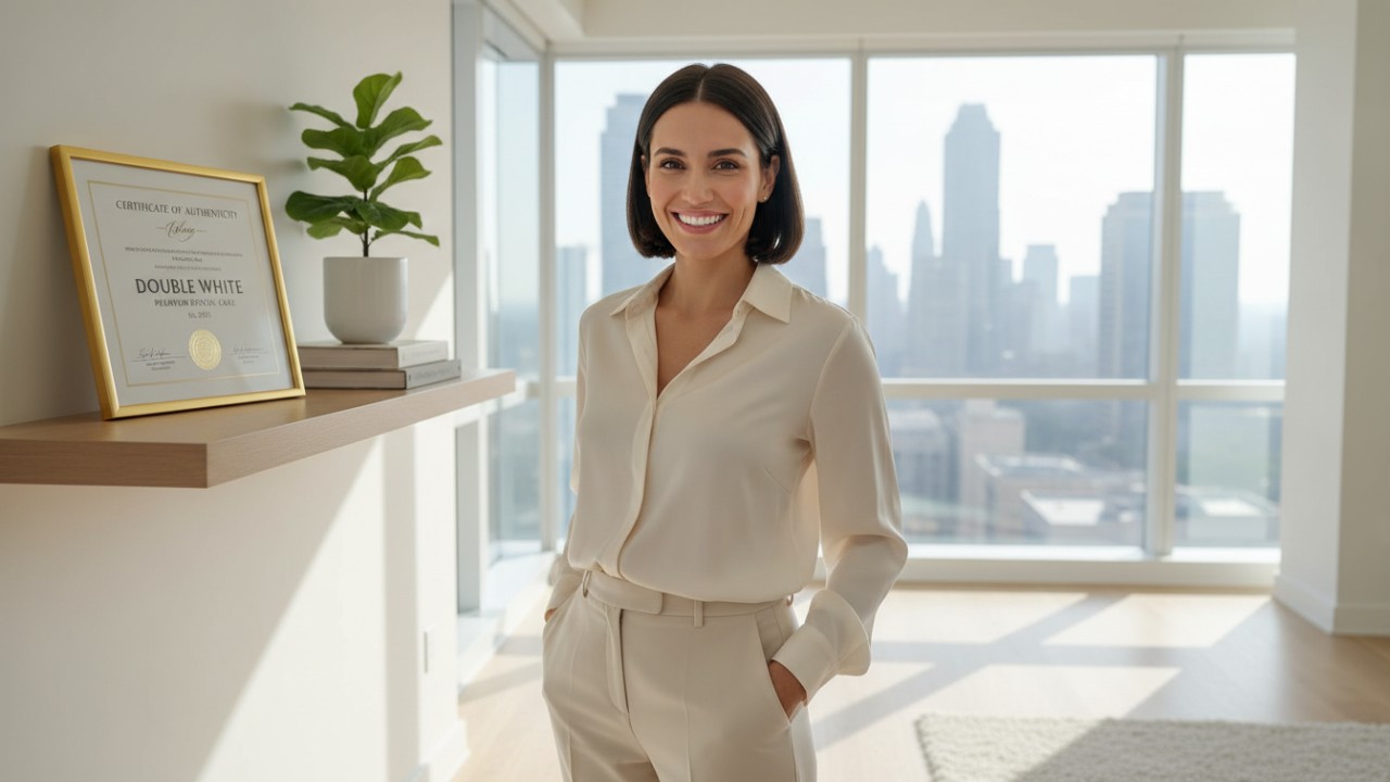 Une personne au sourire éclatant se tient dans une pièce moderne, avec une enseigne de la marque Double White visible en arrière-plan.