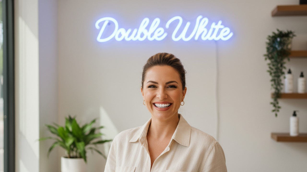 Une personne arborant un sourire éclatant de blancheur devant un mur moderne orné d'une enseigne lumineuse Double White .