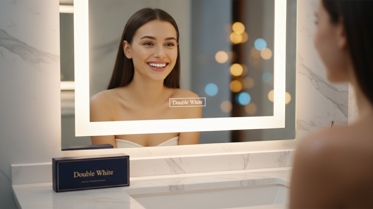 Une personne au sourire radieux se regardant dans un miroir à côté d'une boîte de produit Double White .
