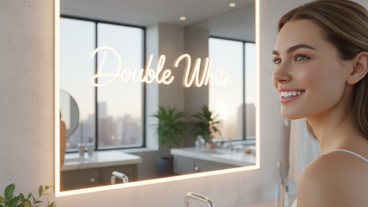 Una persona con una sonrisa blanca radiante en una habitación luminosa con un letrero de neón Double White al fondo.