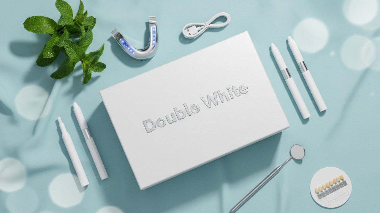 Un kit de blanchiment dentaire haut de gamme Double White présenté complet sur une surface propre avec un élégant logo argenté.