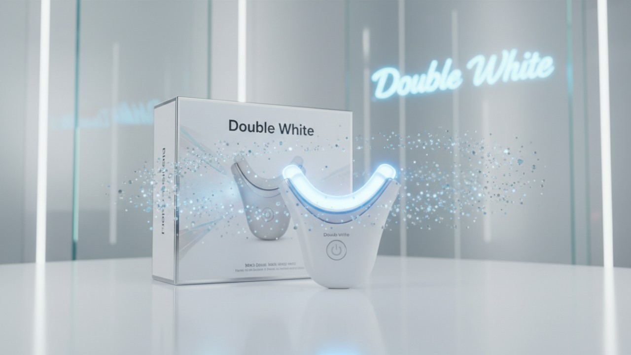 Um kit premium de clareamento dental Double White com dispositivo de luz azul brilhante e embalagem profissional, desenvolvido para tratar manchas superficiais e profundas.